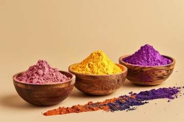Gulag colours in bowl for Holi festival, Hindu tradition festive. Happy holi indian festival dahan banner concept.