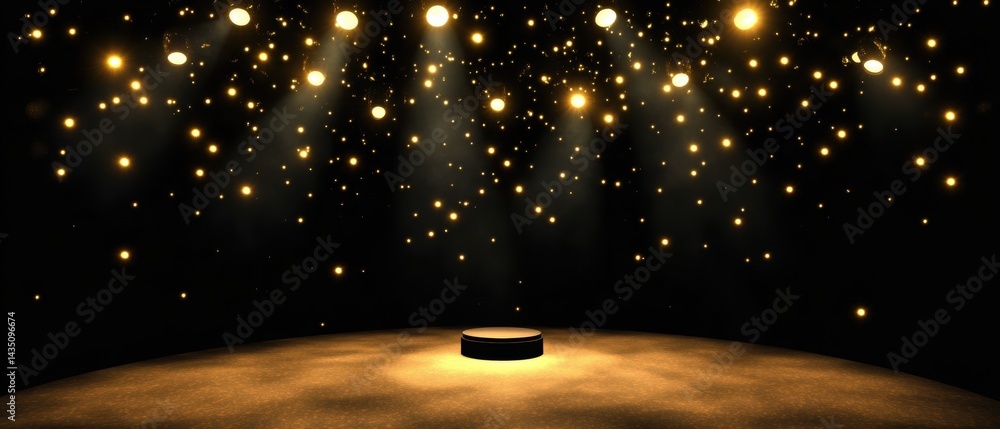 Poster Elegant golden stage with sparkling lights and spotlights illuminating a pedestal in a dark background creating a luxurious and festive atmosphere for product display