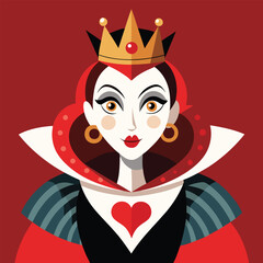 Alice in Wonderland Queen of Hearts clipart. The image shows a stylized depiction of the Queen of Hearts with a crown and a high collar. Vector illustration design.