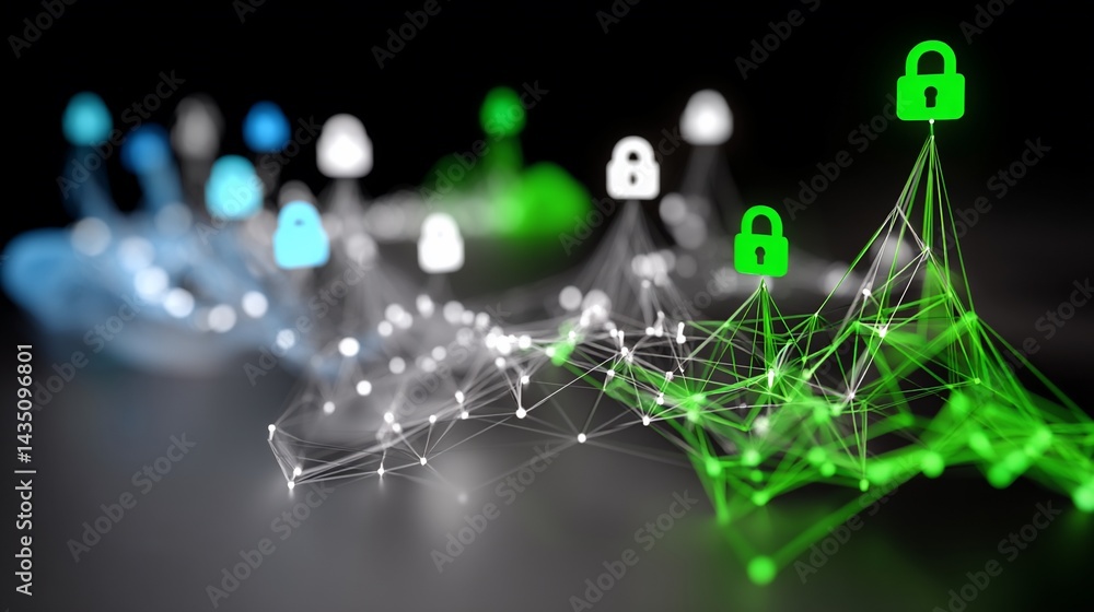 Aufkleber cybersecurity network, interconnected profiles with secured access points