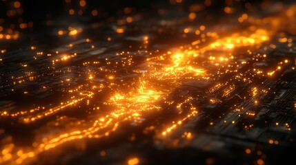 Naklejka premium Digital Data Stream: A mesmerizing visualization of interconnected digital data, with a complex network of glowing orange streams and particles cascading across a dark surface.