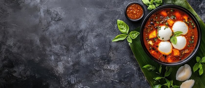 Exquisite malai kofta curry presentation on dark textured surface with basil garnish and vibrant sauce showcasing culinary artistry and appetizing appeal