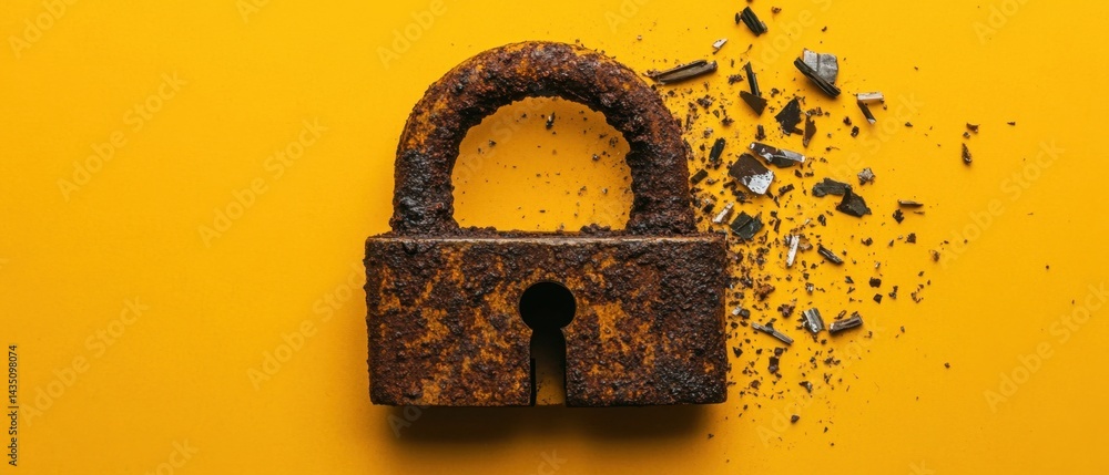 Poster rusted padlock and fragments on yellow background conveying decay and security vulnerability in a co