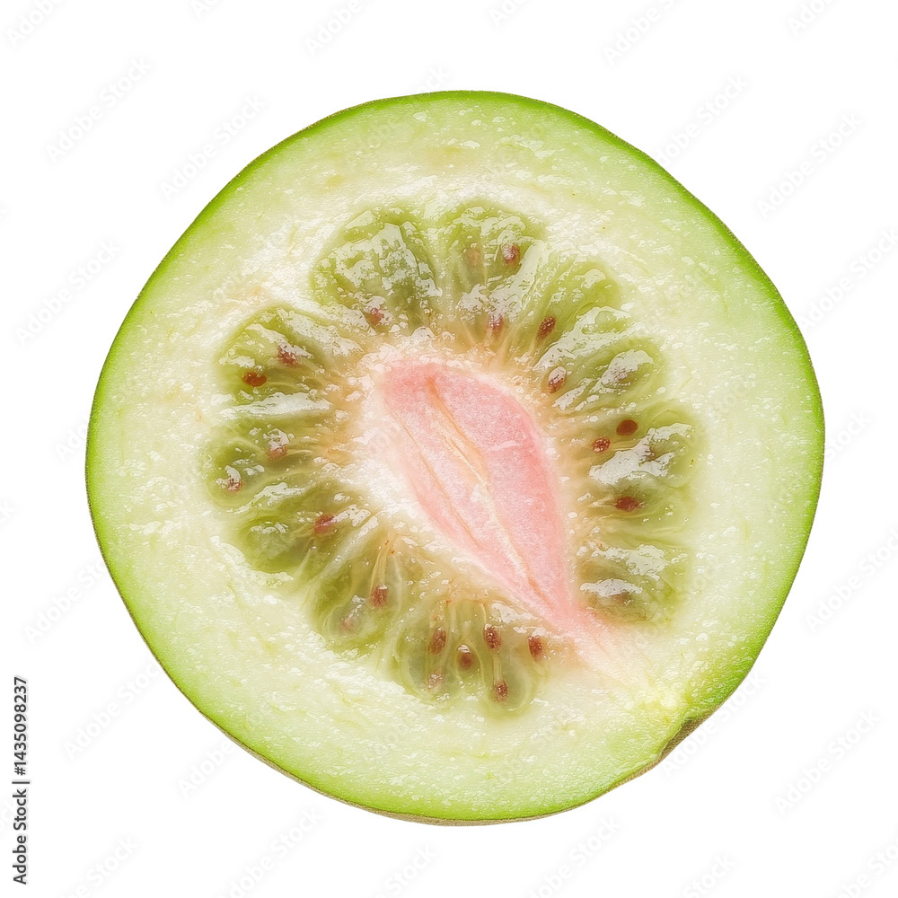 Poster sliced guava fruit showcases its unique colors and textures on a transparent background, slice guava