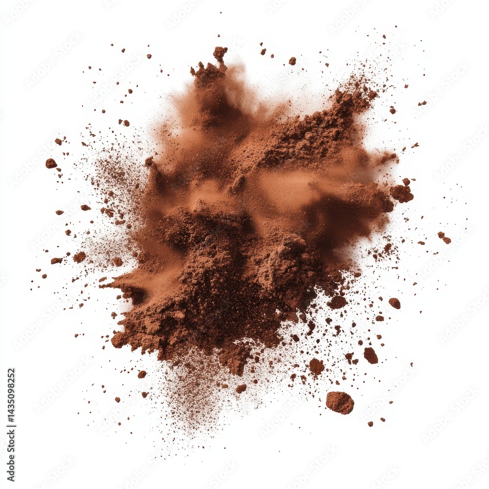 Poster dramatic explosion of rich brown cocoa powder against a pristine white backdrop creating a dynamic a