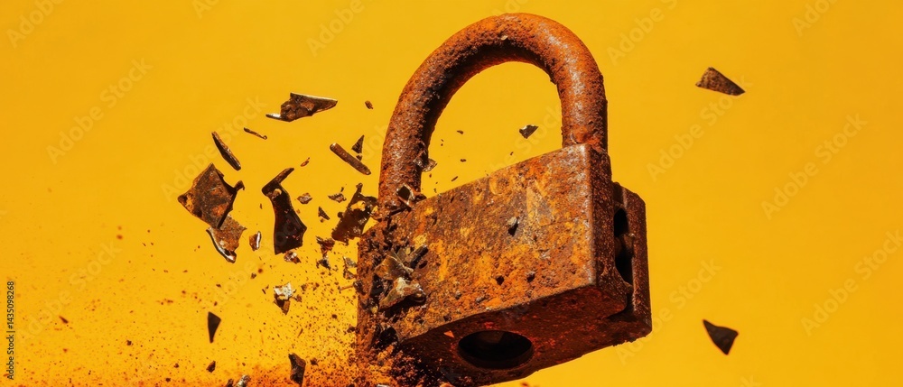 Poster rusty padlock disintegration on vibrant yellow backdrop symbolizing security breach and vulnerabilit