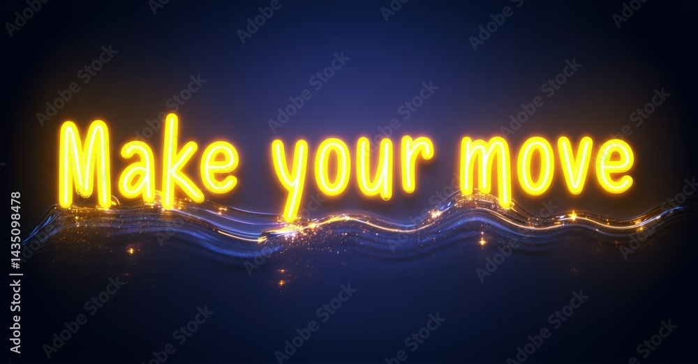 Aufkleber bright neon text reads make your move over dark blue background. waves of light sparkle below messag