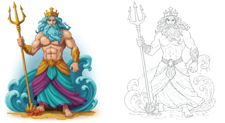 Obraz premium Poseidon God of Sea: Majestic illustration of Poseidon, the Greek god of the sea, depicted with his trident and flowing robes, against a backdrop of stylized ocean waves.