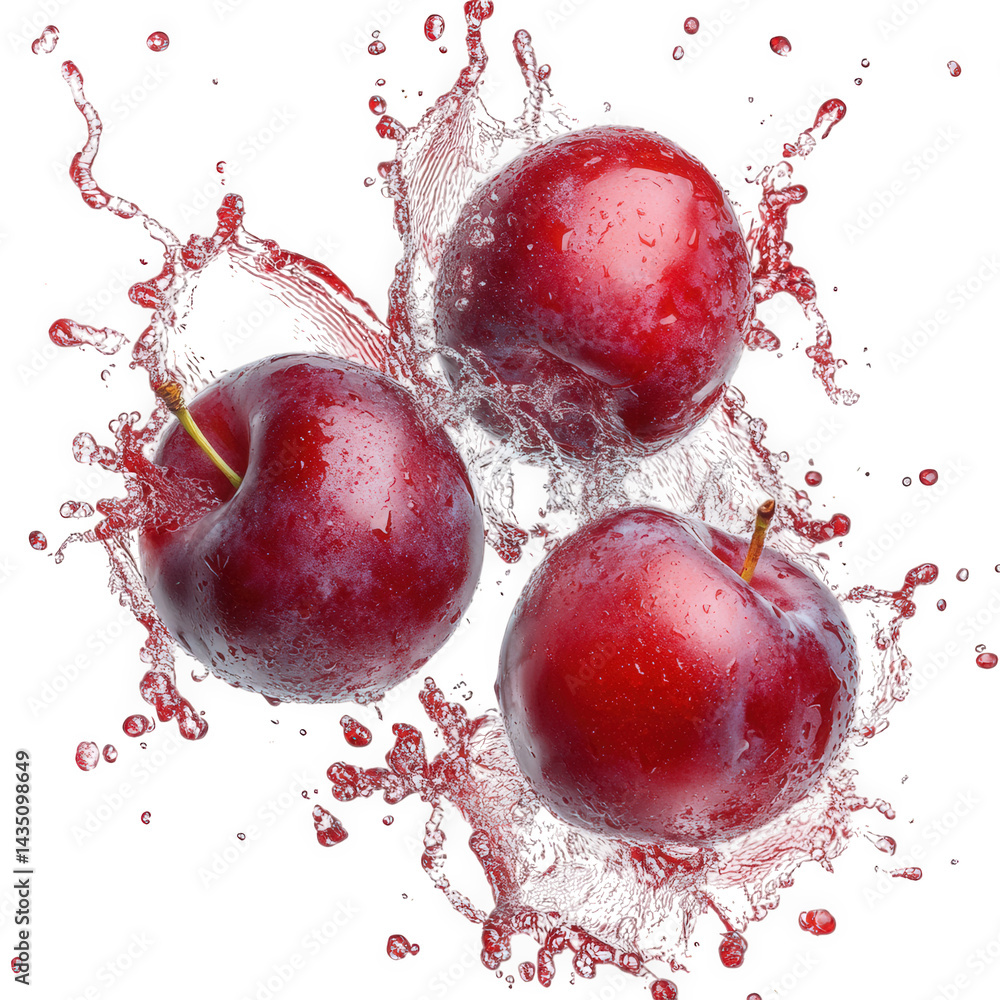 Poster three shiny red apples splashing into water. creating a dynamic and refreshing visual effect the dro