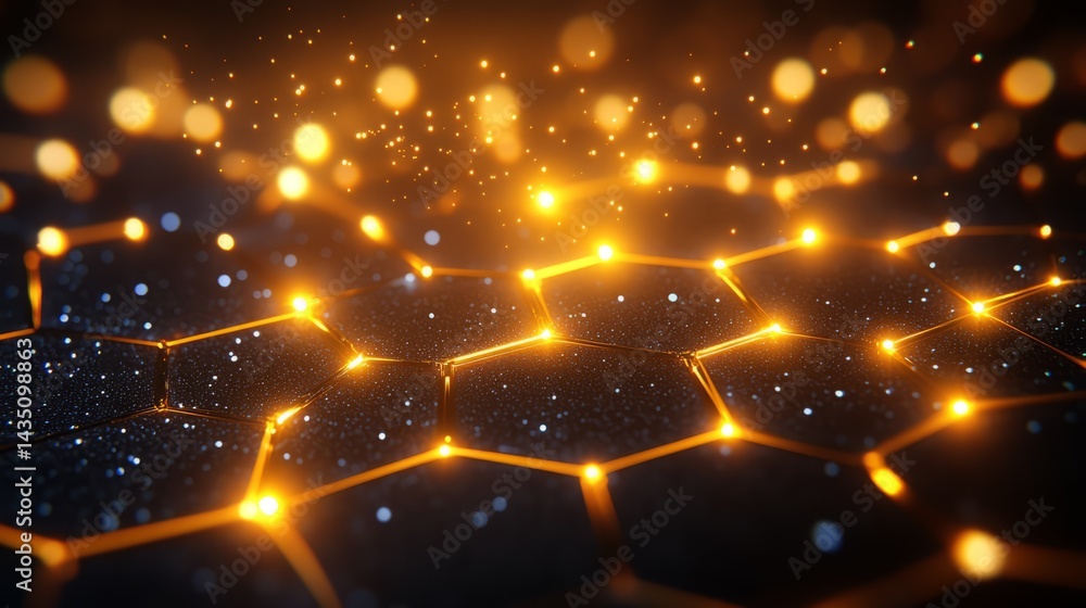 Poster illuminated network: a futuristic and digital network of glowing, interconnected hexagonal cells aga