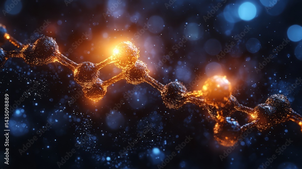 Poster glowing molecular structure: intricate details of a molecular chain with glowing nodes, creating a v