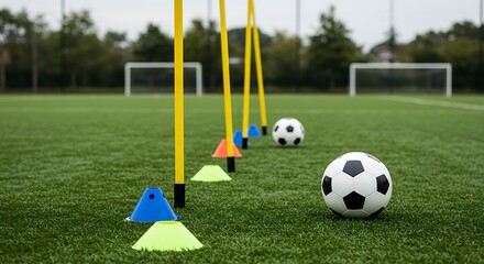 Obraz premium Soccer Ball and Training Cones on Field for Practice