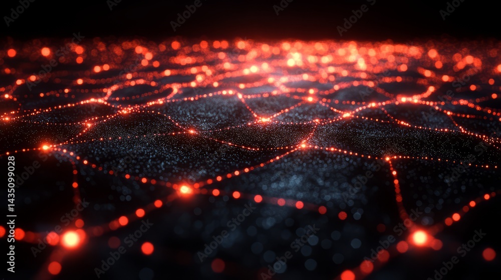 Aufkleber network of red light: a dynamic network of glowing red lights intricately connected across a dark su