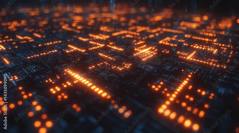 Poster digital circuitry glow: an abstract depiction of complex digital circuitry illuminated by vibrant or