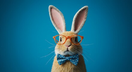 Obraz premium Rabbit Wearing Glasses and Bow Tie on a Blue Background