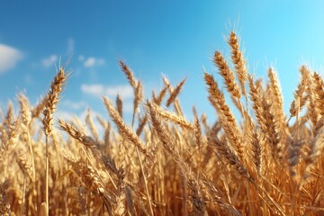 Fototapeta premium Wheat Field CloseUp Golden Ripe Ears Against Clear Blue Sky Rural Nature Scenery
