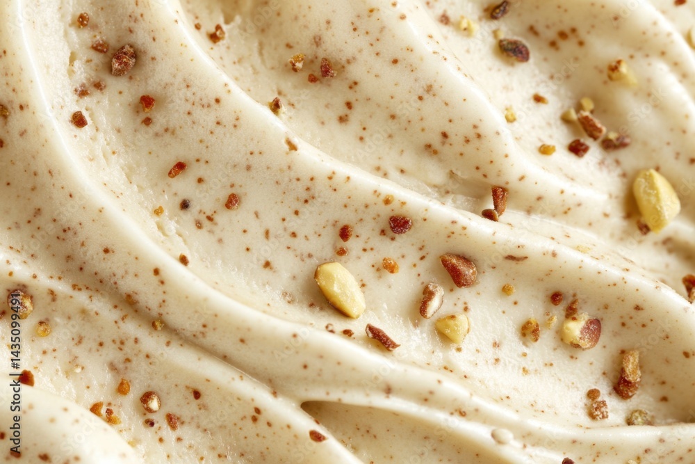 Poster creamy swirl texture with sprinkled nuts close up shot captures the smooth dessert surface with deli