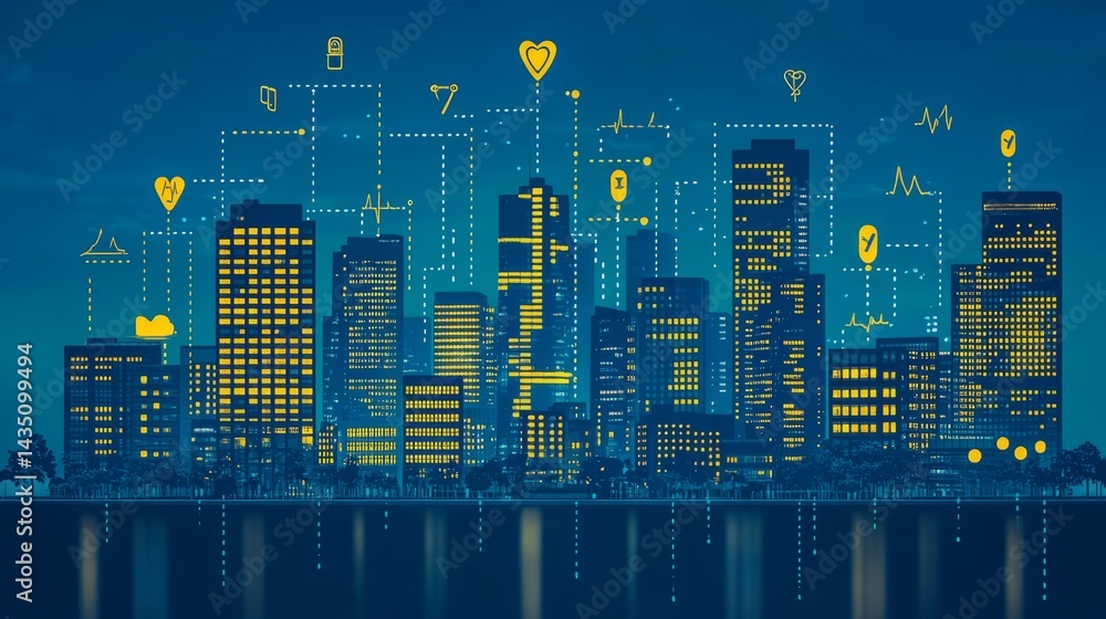 Poster digital cityscape: a vibrant digital rendering depicts a modern cityscape, illuminated with data str