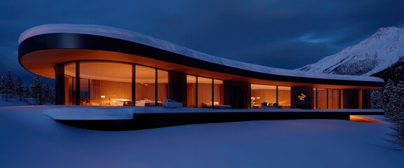 Modern home architecture in winter landscape sleek design glass windows snow covered mountains