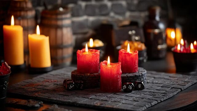 Burning candles, dice, and barrels create atmosphere for fantasy role-playing game in a dark room for ambiance and setting.