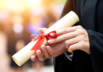 Close-up of diploma scroll in hands, out-of-focus crowd in the background. Graduation Achievement. Graduation Season