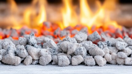 Burning charcoal briquettes, embers glowing