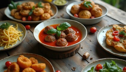 Richly Composed Italian Feast: Homemade Meatballs in Sauce, Pasta, and Fried Dough on Rustic Wood Table