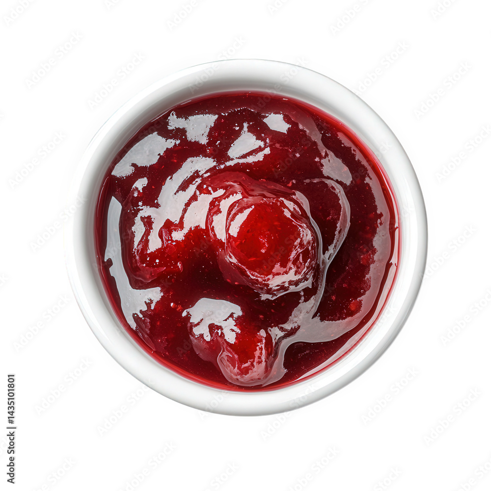 Poster a small white bowl filled with a glossy. red condiment. resembling jam or fruit sauce. with a smooth