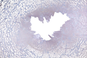 close up broken windshield or windows, close up hole on broken windshield 