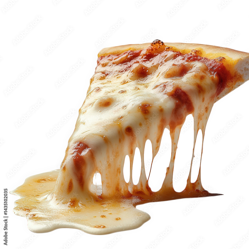 Poster a slice of pizza with gooey. melted cheese stretching as it is pulled away from the rest of the pie.