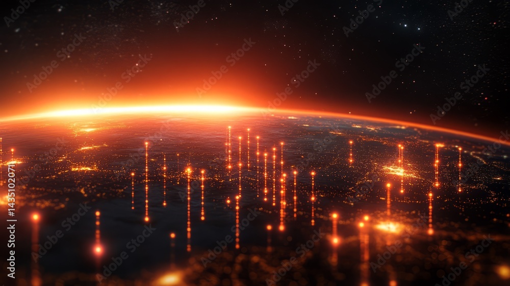 Poster global network sunrise: a breathtaking view of earth from space, showcasing a vibrant sunrise illumi