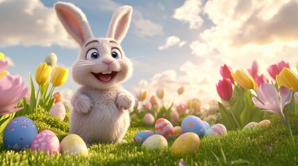 Fototapeta premium Adorable bunny surrounded by colorful Easter eggs and flowers