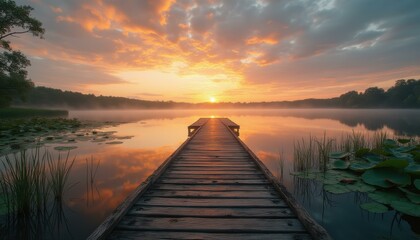 Tranquil Lake Scene with Wooden Pier at Sunrise Reflecting in Misty Waters