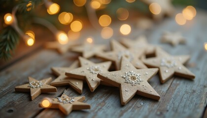 Festive Star-Shaped Cookies with Ornamental Decoration on Rustic Wooden Table, Illuminated by Bokeh Lights, Creating a Cozy Christ