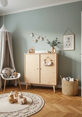 Nursery Interior with Wooden Cabinet and Neutral DÃ©cor