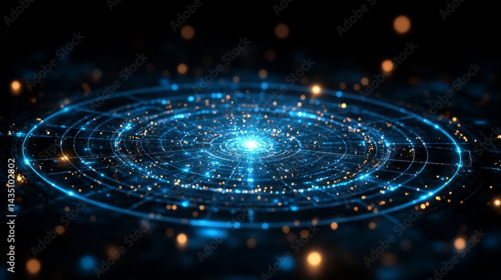 Poster celestial convergence: a mesmerizing cosmic swirl of vibrant blue energy, emanating from a central p