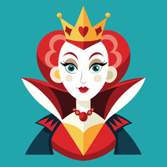 Alice in Wonderland Queen of Hearts clipart. The image shows a stylized depiction of the Queen of Hearts with a crown and a high collar. Vector illustration design.