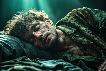 Wounded Resting: A weary, bloodied individual lies resting, with the somber and pensive mood conveyed by dim light.