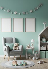 Nursery Interior with Armchair Toys and Mockup Frames