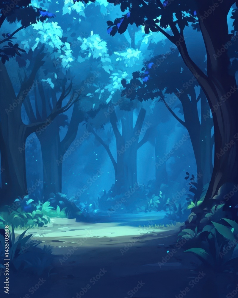 Poster enchanted forest path illuminated by ethereal blue light inviting exploration and wonder a captivati