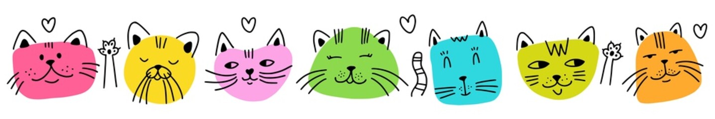 Horizontal collection of different cat faces, hand drawn in doodle style	
