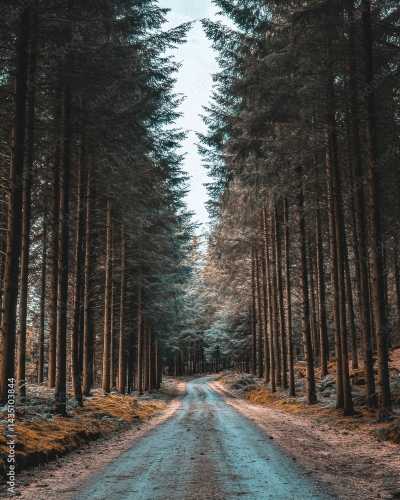 Poster serene forest road winding through tall trees creating a natural tunnel with sunlight filtering thro