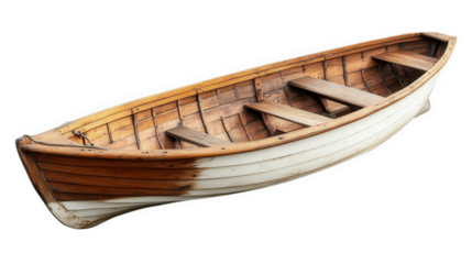 a wooden rowboat with a classic design. featuring a mix of natural wood tones and white paint it has several benches for seating and is designed for leisure activities on water. such as fishing or exp