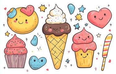 Delightful kawaii ice cream, cake, and cupcake doodles on a bright white background for cheerful designs