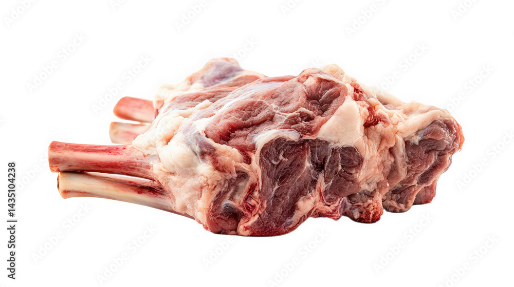 Poster a raw piece of meat with bones. likely from a lamb or similar animal. showcasing its natural texture