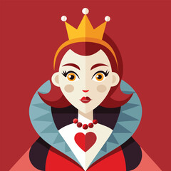 Alice in Wonderland Queen of Hearts clipart. The image shows a stylized depiction of the Queen of Hearts with a crown and a high collar. Vector illustration design.