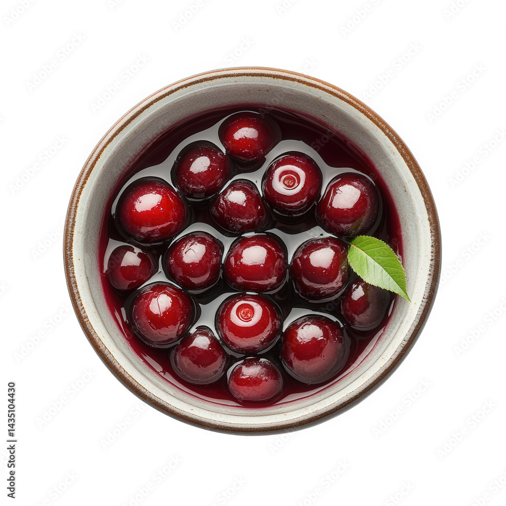 Poster bowl filled with glossy cherries submerged in a rich. red liquid. accompanied by a single green leaf