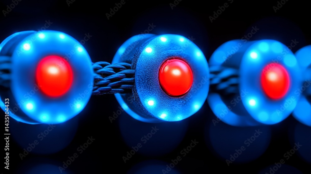 Poster illuminated chain link: a sleek and futuristic chain link illuminated with glowing blue and red ligh