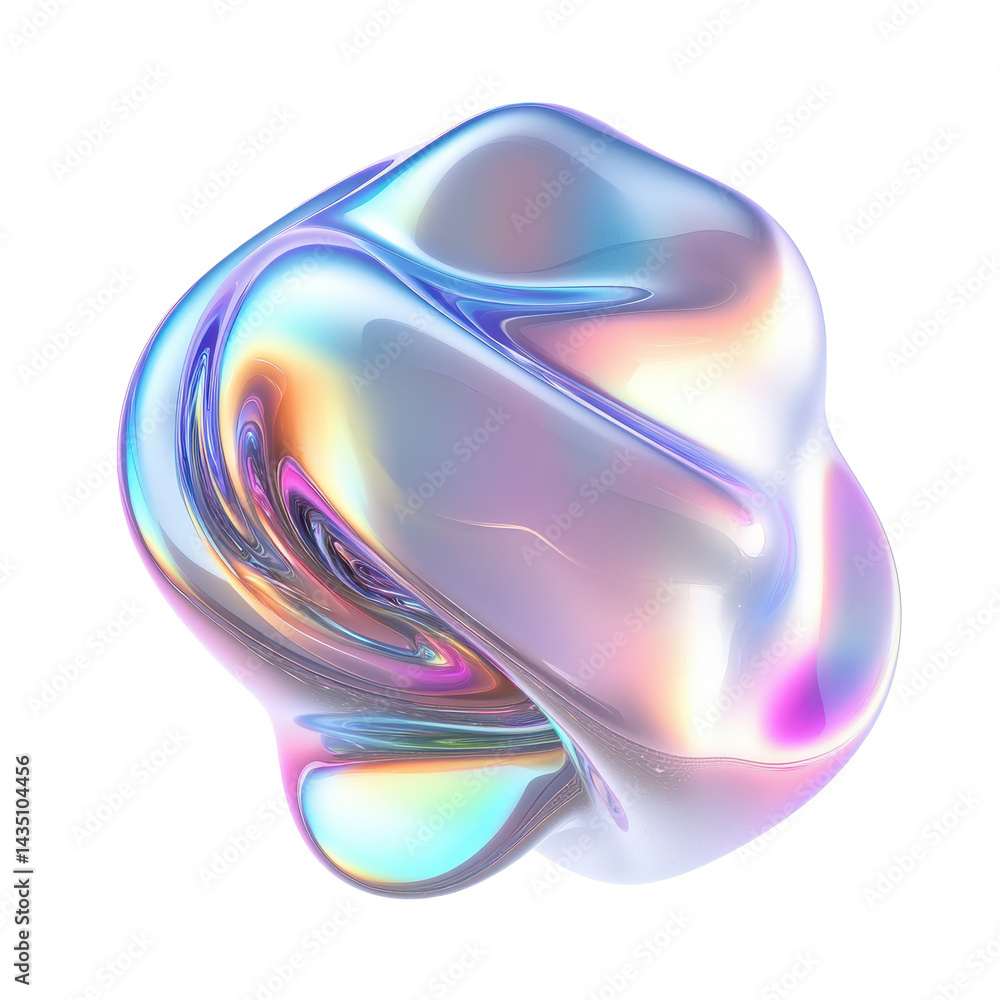 Poster exploration of holographic abstract shapes on a white background showcasing vibrant colors and fluid