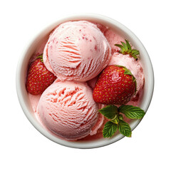 Delicious strawberry ice cream in a bowl with fresh strawberries and mint leaves in top view, Strawberry ice cream in a bowl, top view, isolated on Transparent background
